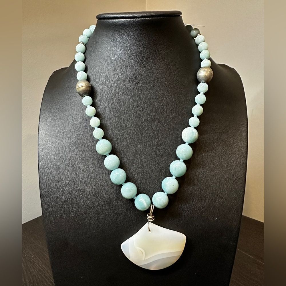 Stunning 17" Unique agate pendant, amazonite and seed bead necklace!